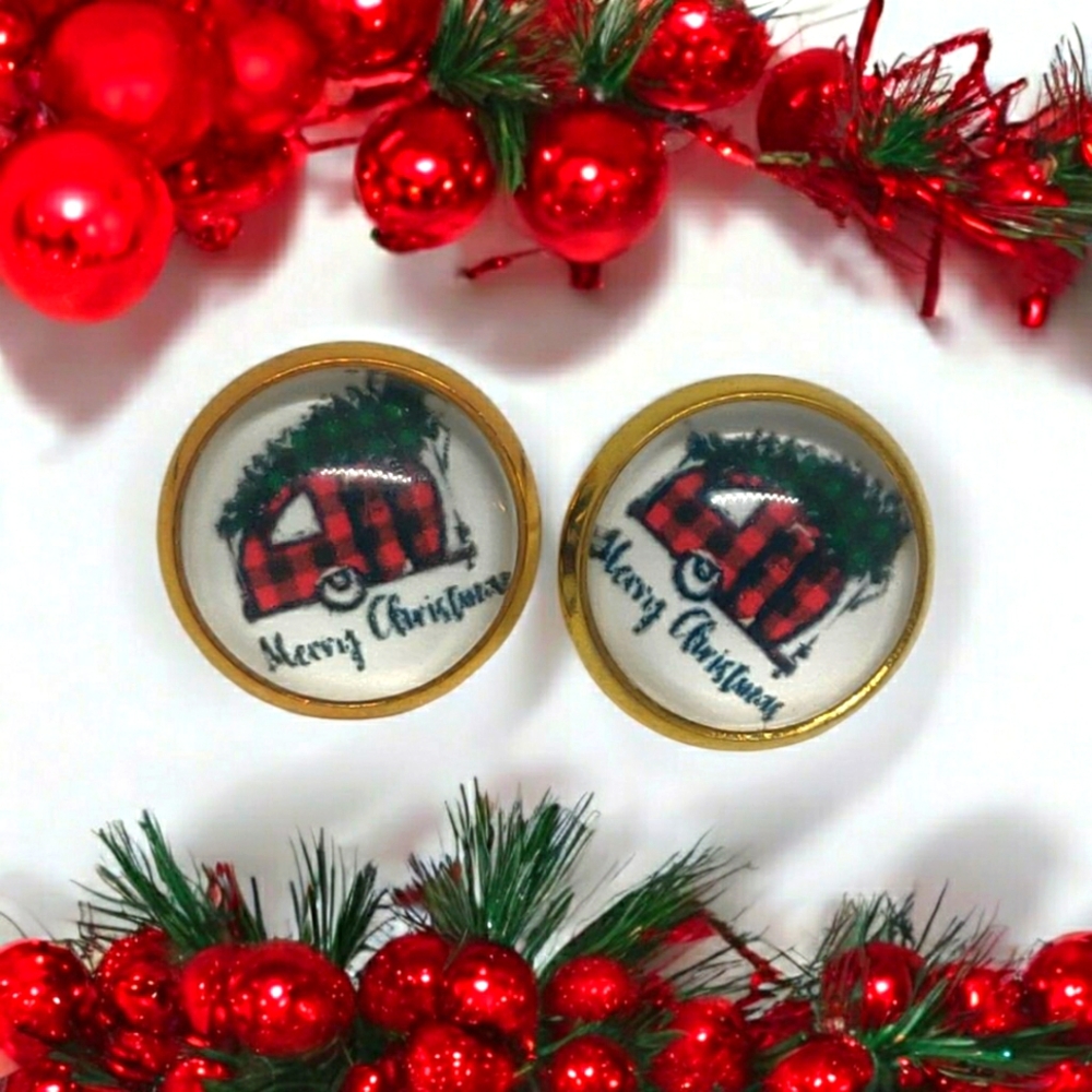 Christmas Camping trailer and tree 12mm stud earrings